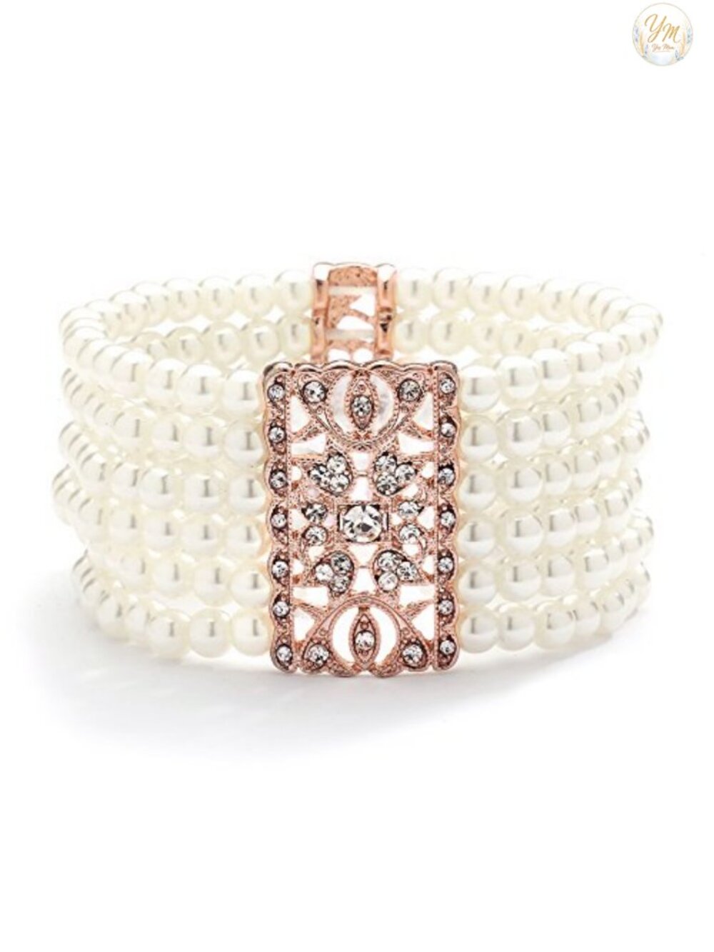 14K Rose Gold Plated Stretch Cuff Bracelet with Crystal Accents, Vintage Bridal